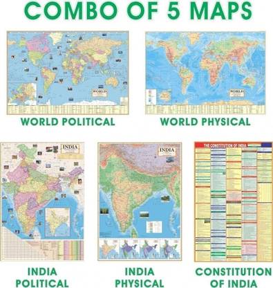 (COMBO OF ENGLISH 5 MAPS) INDIAN Constitution Chart With India & World Map (Both Political & Physical)| Set Of 5| Map Size (48 * 28) (23 * 36)|Paper Mint| Best Useful for UPSC, SSC, IES and other competitive Exams. Paper Print (28 inch X 40 inch) Paper Print