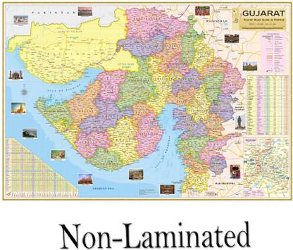 GUJARAT MAP size : 100x70 centimeter (40"x28" inch) With Fact & Figure District Population, Talukas, Villages Districts wise, Tribal Areas, Industries, Annul Rainfall, Cash Crops, Distance Between Major Cities in K.M Etc. Updated Map. Paper Print