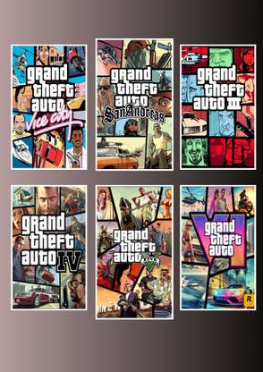 GRAND THEFT AUTO POSTER FOR BEDROOM , LIVING ROOM WALL| PREMIUM QUALITY POSTER FOR ROOM DECORATION(SET OF 6) Paper Print