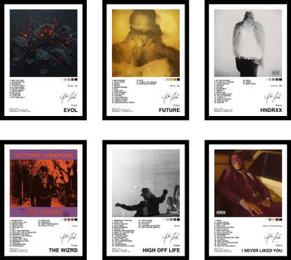 Pack of 6 - Future Music Album Art Wall Framed Posters 8x12 inch (A4 Size) Included Seamless Pins Hooks Wall Decor Framed Posters Wall Art For Bedroom, Living room, Office Fine Art Print