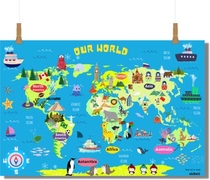 World Map and Its Countries | Learn about the Landmarks, Animals, Continents and Oceans | Educational posters | Posters for kids room | Living room | for ages - 2 to 99 Paper Print