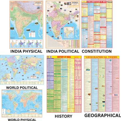 India & World Map ( Both Political & Physical ) with Constitution of India , Indian History & Geographical Terms Chart |Maps Size: (40 X 28 inch) (23 X 36 inch)| Set Of 7 | Useful for UPSC and other competitive exam preparation Paper Print