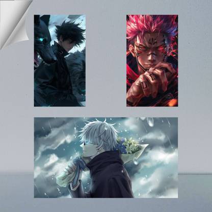 VIRGIN ARTS | COMBO SET OF MEGUMI FUSHIGURO, GOJO SATORU AND RYOMEN SUKUNA | JUJUTSU KAISEN | ANIME | SET OF 2 A4 AND 1 A3 300 GSM FRAMED POSTER FOR WALL Photographic Paper