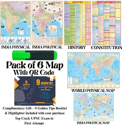 (COMBO OF 6 MAPS/CHARTS WITH COMPLIMENTARY GIFT) INDIAN Constitution Map & History of India Map With India & World Map (Both Political & Physical)| Set Of 6| Map Size (40 * 28) (23 * 36)|Paper Mint| Complimentary text liner| Best Useful for UPSC, SSC, IES and other Competitive Exams. (All English Maps) Paper Print Paper Print