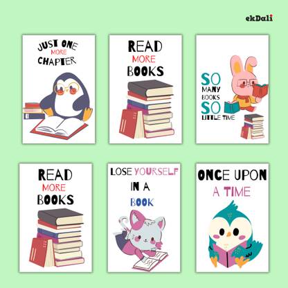 Set of 6 Bookish Animal Posters for Kids Who Love Reading Paper Print