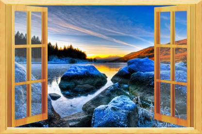 The creative solution beautiful blue stone window wallpaper with digital print Size 30"x20" Canvas Art