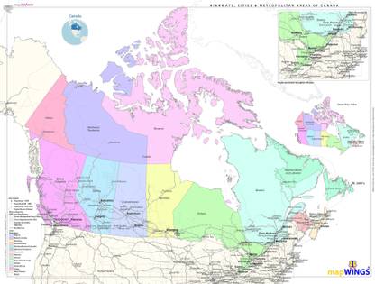 Map of { CANADA } with Towns, Road-Rail and Admin Boundaries | Size-24 X 18 inches (A2+) | Print Media-Matt, Satin finish Photo Paper Photographic Paper