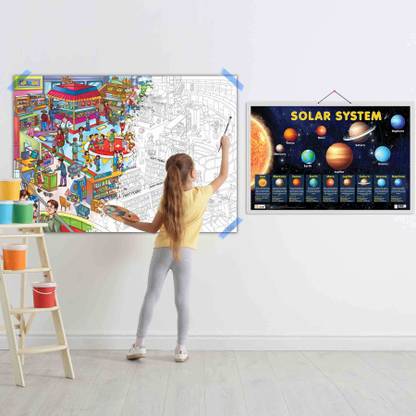 Solar System Chart and GIANT AT THE MALL COLOURING POSTER | Set of 1 chart+1 colouring poster | Learn planet's names with the solar system chart Paper Print