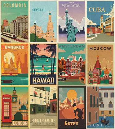 Vintage Travel Posters, Self Adhesive, Easy Peel and Stick,Retro Landscape/Popular City Posters for Wall Collage Kit 9"x12", Pack 12 multicolor Paper Print