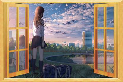 The creative solution beautiful two girl window r wallpaper with digital print Size 30"x20" Canvas Art