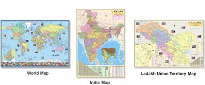(Pack of 3) World Map, India Map and Ladakh Union Territory Map. All Three Map Size : 100x70 Centimeter (40"x28" inch). With Important Fact and Figure. Ideal Map For Aspirant of UPSC , PCS , SSC , RAILWAY Exam and Other Competitive Exam. Updated Map. Paper Print
