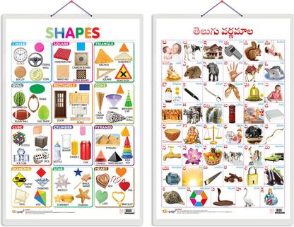 Set of 2 Shapes and Telugu Alphabet?(Telugu) Early Learning Educational Charts for Kids | 20"X30" inch |Non-Tearable and Waterproof | Double Sided Laminated | Perfect for Homeschooling, Kindergarten and Nursery Students Paper Print