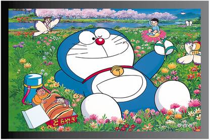 Doraemon Cartoon Poster with Frame Gloss Lamination M31 Paper Print