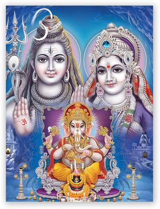Lord Ganesha With Lord Shiva Maa Parvati Digital Photo Poster With Uv Textured Fine Art Print