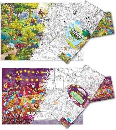 GIANT JUNGLE SAFARI COLOURING Charts and GIANT CIRCUS COLOURING Charts | Set of 2 Charts I Best Engaging Products For Kids Paper Print