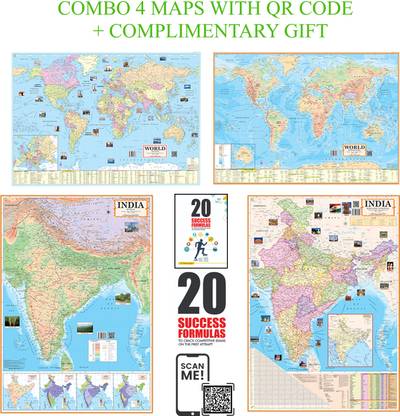 India and World Political, Physical Maps with QR Code and Complimentary Gift of 20 Success Formula Booklet | Non Laminated 48 x 28 Inch Canvas Art