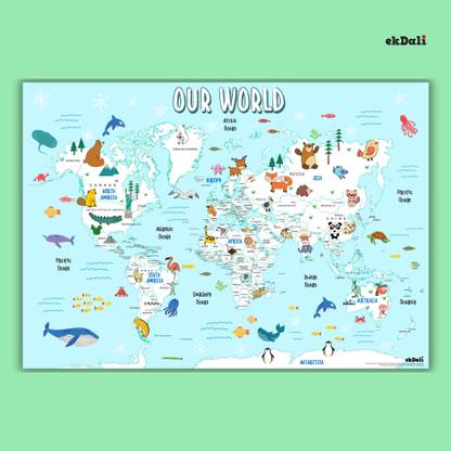 Fun World Map for Kids – 24 x 33 Inch with Continents & Capitals for Learning Paper Print