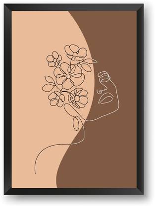MINIMAL LINE ART GIRL AESTHETIC PASTEL BROWN ABSTRACT ART FLORAL Modern Wall Frames - Black Framed Wall Poster For Home And Office With Frame, (12.6*9.6) Photographic Paper