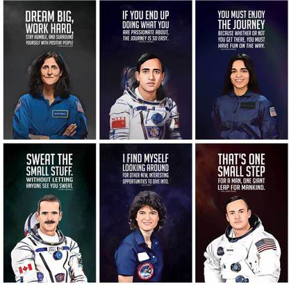 Great Astronauts (Scientist) Sunita Williams, Kalpana Chawla, Rakesh Sharma, Neil Armstrong, Sally Ride, Chris Hadfield, Motivational Quotes Posters, Pack of 06, Each Paper Print