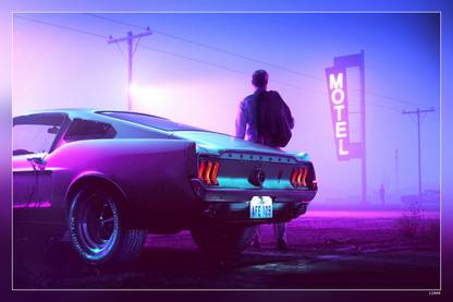 Mustang Fastback Car Drive Neon Retrowave Synthwave Vehicle Art Skyline Hd Matte Finish Poster Paper Print