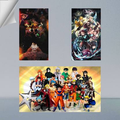 VIRGIN ARTS | COMBO SET OF MIX ANIME CHARACTERS ONE PEICE DEMON SLAYER DRAGON BALL ZEE AND OTHERS FRAME | ANIME | SET OF 2 A4 AND 1 A3 300 GSM FRAMED POSTER FOR WALL Photographic Paper