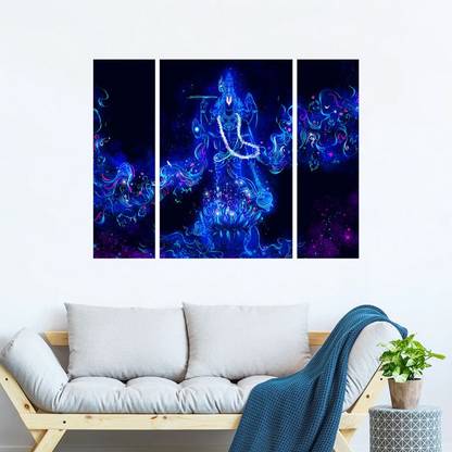 Lord Krishna Neon Art Wall Poster (Set of 3 Frameless Panel Posters) (WxH 24"x18"), Supreme God Poster, Indoor Temple Poster, Hindu God Vishnu Wall Posters, Wall Posters for Background Decoration, 300 gsm High-Quality Print Photographic Paper