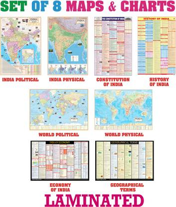 India & World (Both Political & Physical Map) with Constitution of India, Indian History, Indian Economy & Geographical Terms Chart | LAMINATED - SET OF 8 | Useful for UPSC and other Exams Fine Art Print