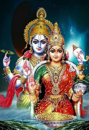 Poster Lord Vishnu Ji With Laxmi Ji (Large Print, 36x24 Inches, Banner Media, Multicolor) Fine Art Print