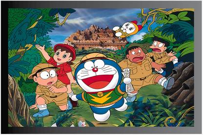 Doraemon Cartoon Poster with Frame Gloss Lamination M11 Paper Print
