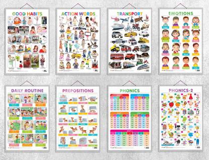 Good Habits, Action Words, Transport, EMOTIONS, DAILY ROUTINE, PREPOSITIONS, PHONICS - 1 and PHONICS - 2 | 8 combos of hard laminated charts| Mastering Language and Life Skills: Good Habits, Action Words, Transport, Emotions, Daily Routine, Prepositions, Phonics - 1 & 2 Paper Print