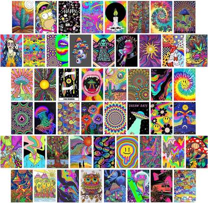 Indie Hippie Trippy Posters, Indie Room Decor, Teen Bedroom Dorm Aesthetic Poster, Photo Wall Collage Kit Pictures, Psychedelic Posters, 50Pcs Fine Art Print