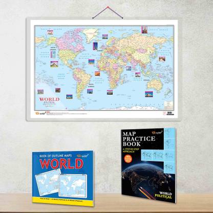 WORLD POLITICAL - MAP PRACTICE BOOK, BOOK OF OUTLINE MAPS WORLD and World Political Map | Set of 2 books and 1 chart | Exploring Our Global Landscape Paper Print