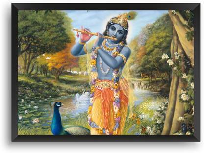 ANIME POSTER FRAME - KRISHNA PAINTING TRADITIONAL - Black Framed Wall Poster For Home And Office With Frame, (12.6*9.6) Photographic Paper
