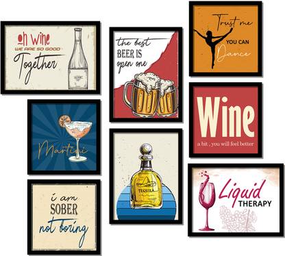 Bar Quotes Frames - KItchen Wall Decor - Wall Posters with Frame for Bar Restaurant Kitchen Wall Frames Set of 8 Design05 Paper Print