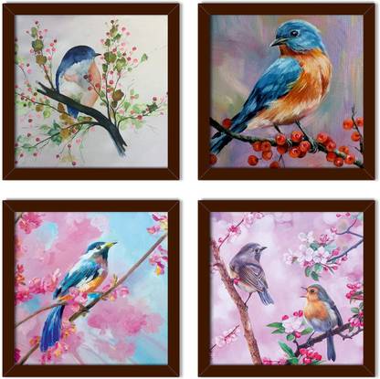 Birds Painting For Wall Set of 4 Brown Framed Art Paper Print
