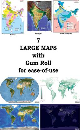 Set of 7 India and World Maps - Political, Physical, Population, Vegetation, Light Map, Topography - For school students and national competitive exams like UPSC, Railways, SSC, TET etc - Large A3 Size Paper Print