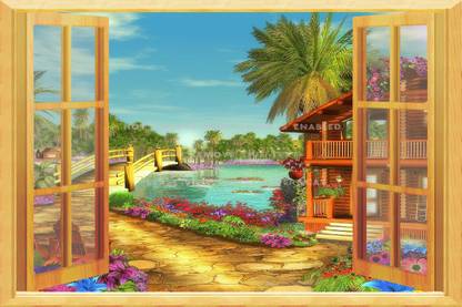 The creative solution beautiful hut picture window wallpaper with digital print Size 30"x20" Canvas Art