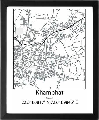 Khambhat,Gujarat,India UNFRAMED Minimalist Map Line Art Print Poster Wall Office Home Hometown Housewarming Decor Enhanced Paper Poster Paper Print