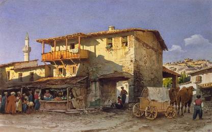 old painting kasba village with villagers shoppkeepers HD Wallpaper on Art Paper Fine Art Print