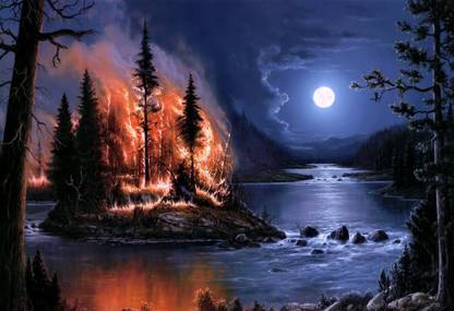 Poster Fire, Full Moon, Night, River, Wood, Island Digital Art sl-14310 (Wall Poster, 13x19 Inches, Matte Paper, Multicolor) Fine Art Print