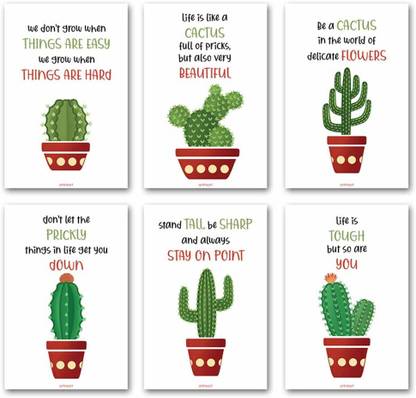 Posters Combo Set of 6 Cactus Theme Minimalistic Wall Posters | Inspirational Positive Quotes for Room Office (12x18 inches, Multicolor, 6 Prints Set, Unframed) Fine Art Print