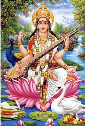 Saraswati Maa Poster | Saraswati Poster Sparkle Coated Self Adhesive Fine Art Print