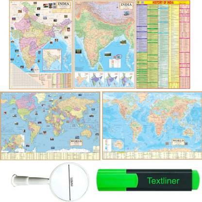 (COMBO OF 5 MAPS/CHARTS WITH COMPLIMENTARY HIGHLIGHTER & MAGNIFYING GLASS) INDIAN History of India Chart With India & World Map (Both Political & Physical)| Set Of 5| Map Size (28 * 40 Inch) (23 * 36 Inch)| Paper Mint| Complimentary Highlighter & Magnifying Glass| Best Useful for UPSC, SSC, IES and other Competitive Exams. (All English Maps) Paper Print. Paper Print