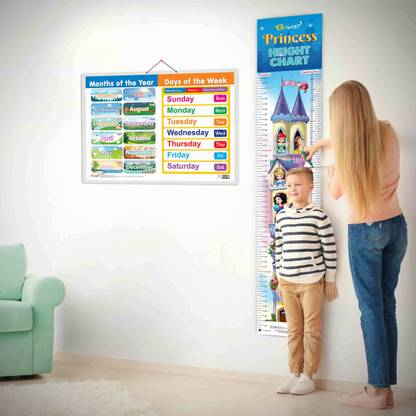 MONTHS OF THE YEAR AND DAYS OF THE WEEK CHART and PRINCESS HEIGHT CHART | set of 2 charts 1 Educational + 1 Height Chart | Whimsical Combo of Princess Height Chart and Months & Days Name Chart for kids Paper Print