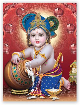 Hindu God Makhan Chor Bal Krishna Photo Poster Size “24 X 18" Inches Fine Art Print