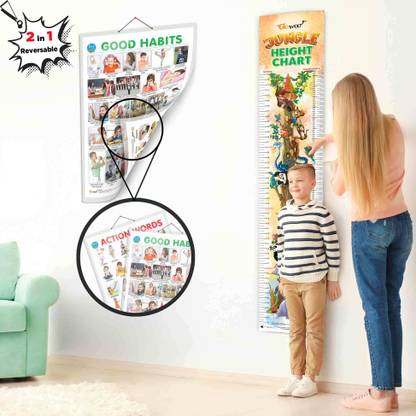 2 IN 1 GOOD HABITS AND ACTION WORDS and JUNGLE HEIGHT CHART | Set of 2 chart 1 Educational + 1 Height Chart | Exciting Combo of Good Habits, Action Words, and Height Chart for curious kids Paper Print