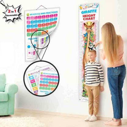 2 IN 1 NUMBER & FRACTIONS AND MATHS KEYWORDS and GIRAFFE HEIGHT CHART | Set of 2 Chart 1 Educational + 1 Height Chart | A Combo Pack of Math and Growth Tracking Chart Paper Print
