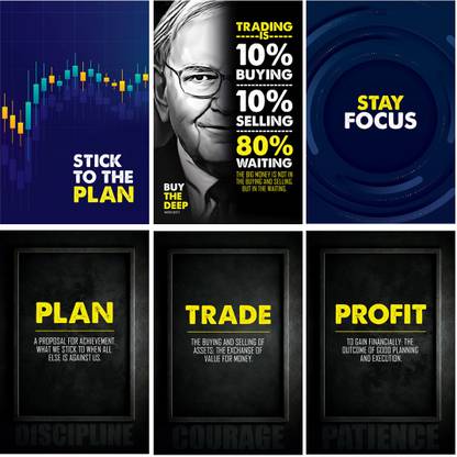Stock Market Motivational and ispirational Quotes Wall Poster Stickers, Trading Charts, Picks, Trading and Profit Poster Pack of 06, Self-Adhesive Paper Print