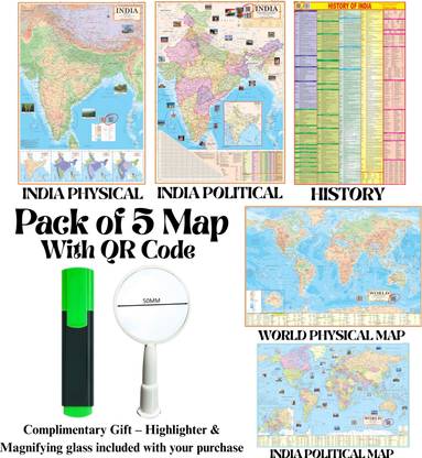 (COMBO OF 5 MAPS/CHARTS WITH COMPLIMENTARY HIGHLIGHTER & MAGNIFYING GLASS) INDIAN History of India Chart With India & World Map (Both Political & Physical)| Set Of 5| Map Size (28 * 40 Inch) (23 * 36 Inch)| Paper Mint| Complimentary Highlighter & Magnifying Glass| Best Useful for UPSC, SSC, IES and other Competitive Exams. (All English Maps) Paper Print. Paper Print