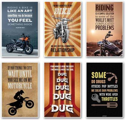 Combo Set of 6 Motivational Inspirational Bikes Bullet Quotes Poster | Positive Quote for Bikers Riders Home Office (12x18 inches, Multicolor, 6 Prints Set, Unframed) Fine Art Print